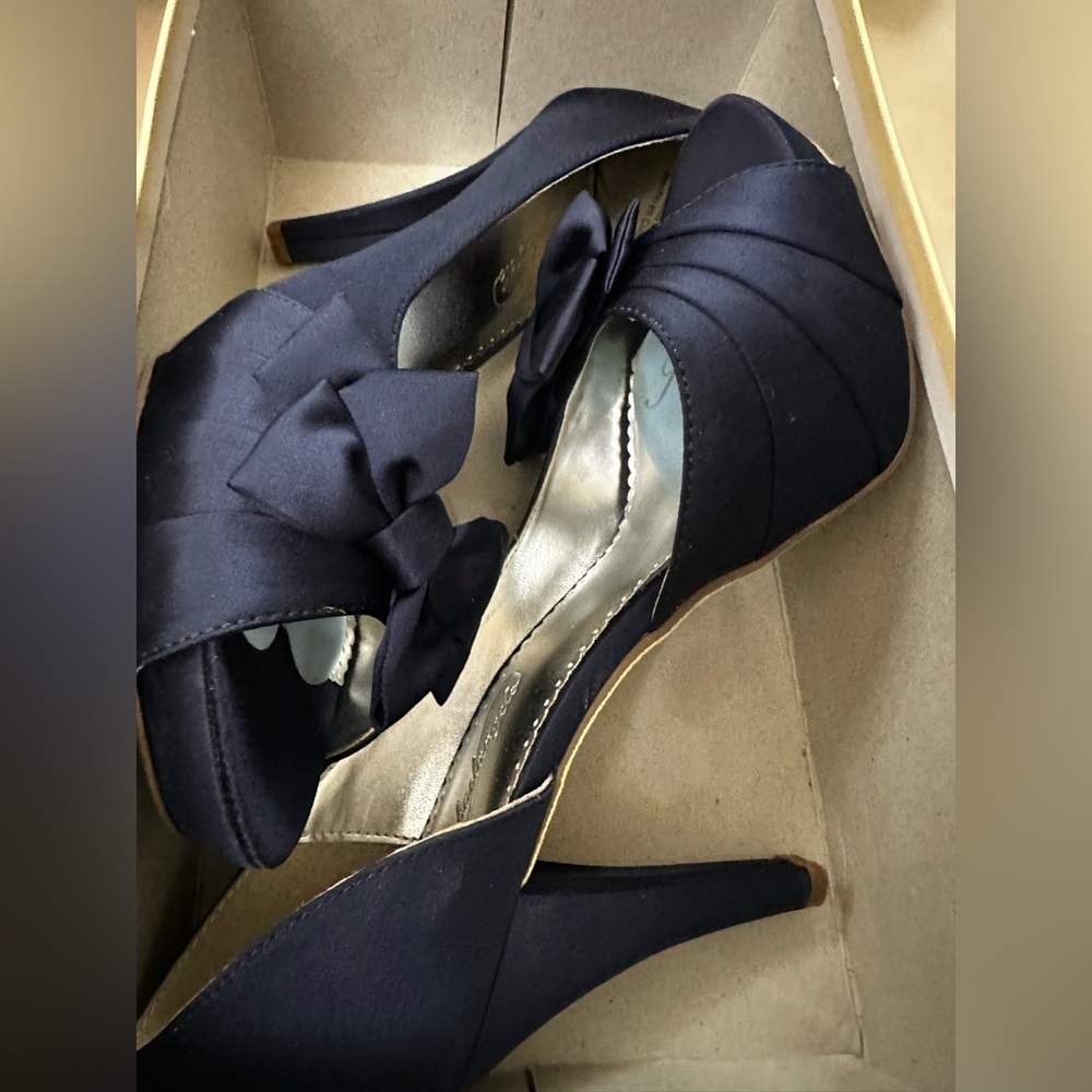 David's Bridal Navy Blue  Satin Heels with Bow